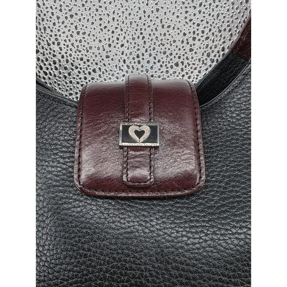 Brighton Shoulder Bag Black‎ Pebbled Leather Burgundy Trim Heart Accent Hobo